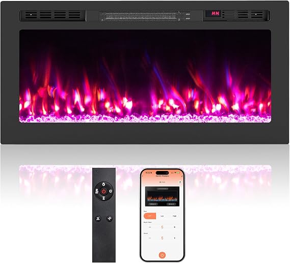 Tangkula 36 Wi-Fi Enabled Electric Fireplace, 750W/1500W