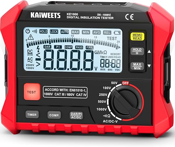 KAIWEETS Megohmmeter Insulation Tester 3M-100G 1000V DAR/PI Pro Ohm Meter | 5 Range AC/DC Volt Test, with Case, Pass/Fall, Threshold Comparison, Large Backlit LCD, Data Hold, for Motor Solar HVAC