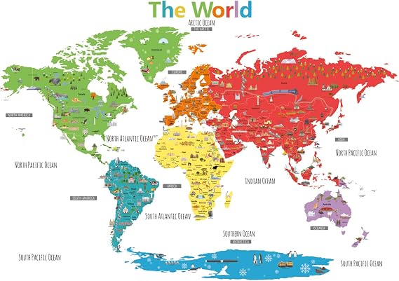 DECOWALL DL3-1902N XLarge Colorful Landmark World Map Wall Stickers (61.8x39.5 inch) Wall Decals Peel and Stick Removable Wall Stickers for Kids Nursery Bedroom Living Room decor