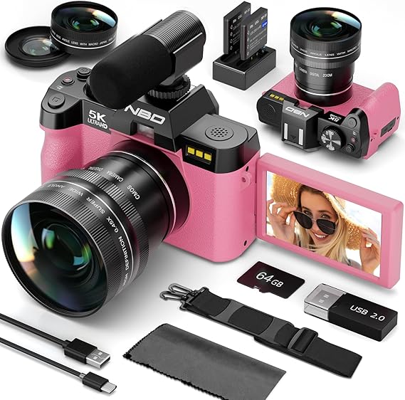 NBD 5K Digital Cameras for Photography - 16X Zoom Travel Camera with 180 Flip Screen, 64MP Vlogging Cameras Fotograficas for YouTube, Auto Focus, Macro Lens, 2 Batteries & 64GB TF Card(Pink)
