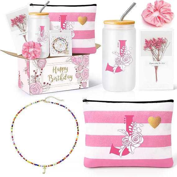 Birthday Gifts for Teen Girls, Monogrammed Initial Gifts for Teen Girls Birthday Christmas, Gift Basket for Women Teenager Girl Friend Bestie Sister, Teenager Girl Gift Personalized Glass Cup J