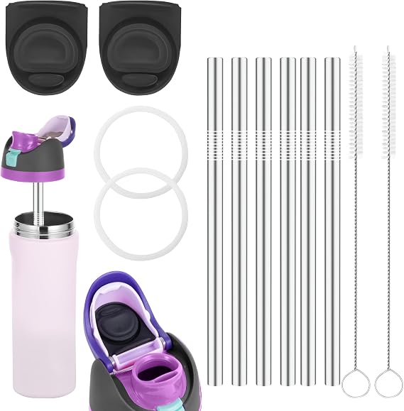 Owala 24oz / 32oz Replacement Straws, 12 Replacement Straws, 2 Cleaning Brushes, 6 Reusable Stainless Steel Straws, 2 Water Bottle Seal Rings, 2 Replacement Stoppers for Owala Freesip
