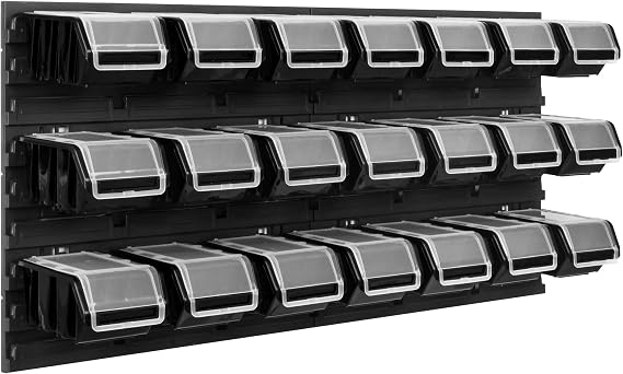 Storage System Workshop Shelving 78 x 39 cm 21 Piece Box Wall Shelf with Stacking Boxes Wall Plates Extra Strong Chute Shelf Warehouse Wall Storage Shelf Garage Shelf (Black)