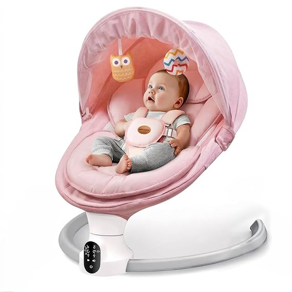 Baby Swing for Infants - Electric Baby Rocker with Exclusive App Function, Upgraded 5 Point Harness, Bluetooth Support, 10 Preset Lullabies and 5 Speeds, Portable Swing for Baby Boy Girl(Pink)