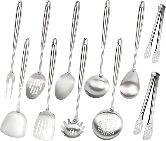304 Stainless Steel Cooking Utensils Set, 11PCS Stainless Steel Utensils Set, Metal Cooking Utensils Set Include Meat Fork, Tongs, Turner, Soup Ladle, Dishwasher Safe