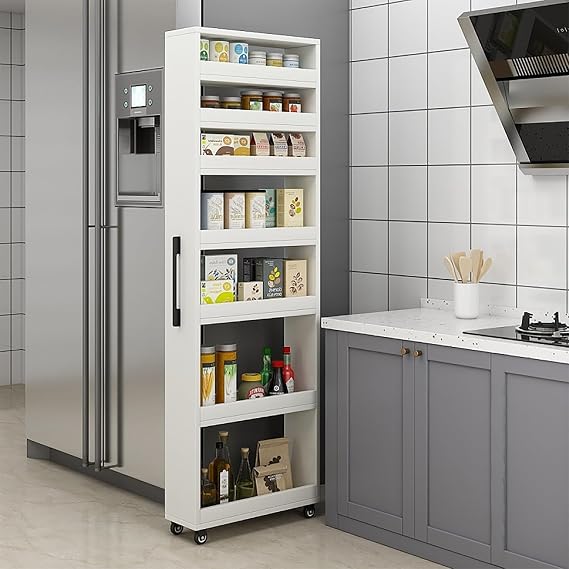 ZMHPLKH 7 Tier Slim Rolling Storage Cart with Wheels, Rolling Spice Rack Next to Fridge Slim, Narrow Storage Organizer for Bathroom & Laundry, Easy Pull-Out Design White 9.8 * 17.7 * 72.4in