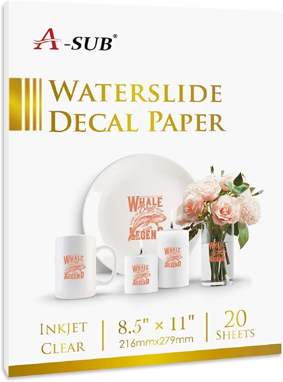 A-SUB Waterslide Decal Paper for Inkjet Printer, Clear 20 Sheets | 8.5x11 Inch Water Slide Transfer Paper, for DIY Tumbler, Mug, Glass Decals