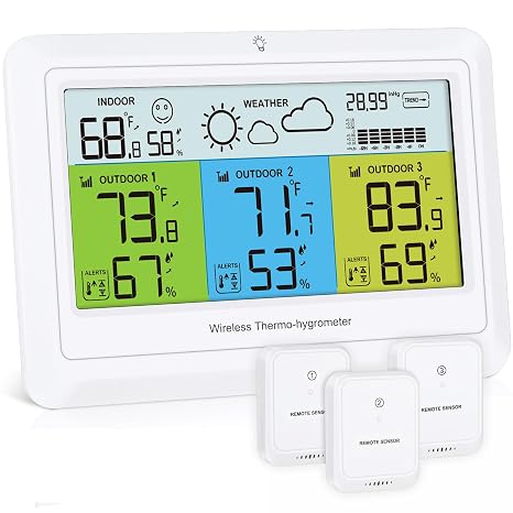 Indoor Outdoor Thermometer Wireless Weather Station 3 Sensors
