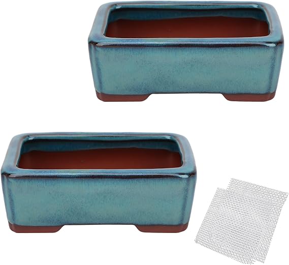 Bonsai Planter 5.7" Small Glazed Pots Succulent Set of 2 + 2 Soft Mesh Drainage Screens