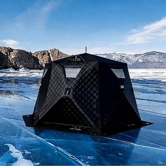 Insulated Pop-Up Ice Fishing Shelter with Removable Windows and Heater Port
