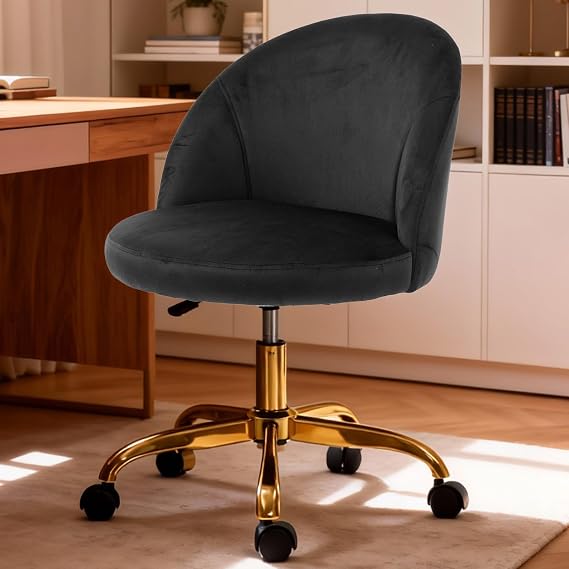 Pink Vanity Desk Chair Comfy with Back and Wheels,Velvet Rolling Office Chair for Vanity Makeup Room,Height Adjustable,360 Swivel (Black)