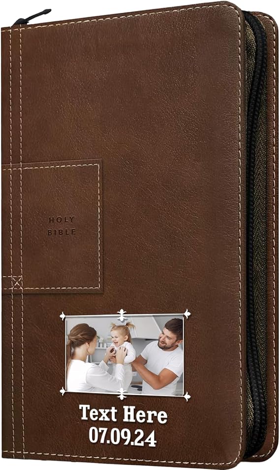 Printualist Personalized Gift Bible with Custom Text & Photo, NLT, Atlas Rustic Brown, New Living Translation Version Thinline Reference Zipper Bible, Faux Leather
