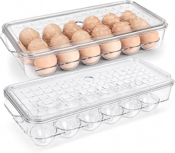2 Pack 18 Egg Holder for Fridge - Plastic Stackable Egg Tray Holder With Lid - Egg Storage Container Organizer Bins with Air Hole and Handles for Refrigerator, Freezer, Pantry Organization - Clear