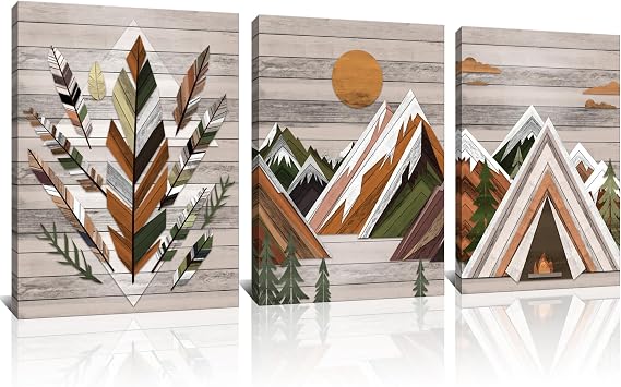 Derkymo 3PCS Abstract Tribal Theme Picture Mountain and Feather Canvas Art