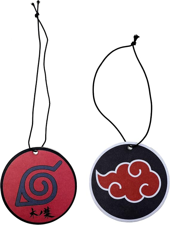 Naruto Shippuden Akatsuki Red Rain Cloud Symbol and Hidden Leaf Village Swirl Symbol Pack of 2 - Hanging Car Air Fresheners, Anime Car Accessories