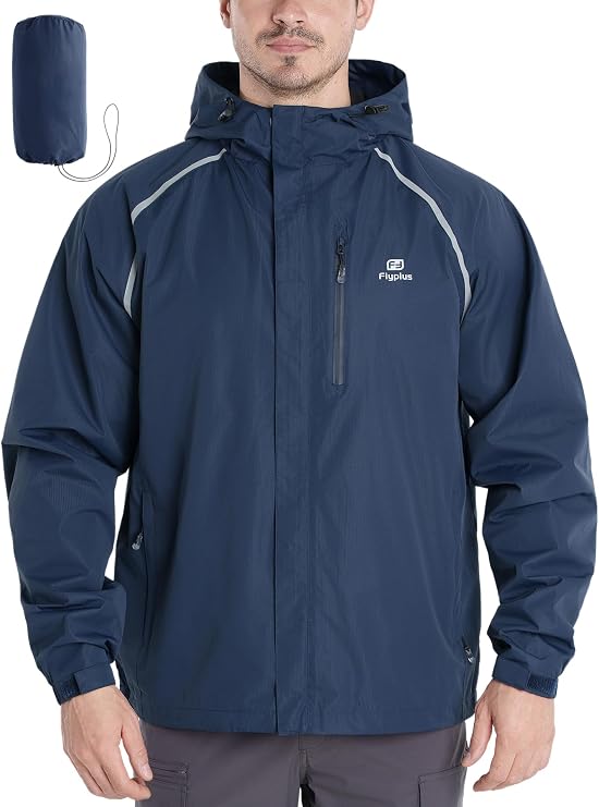Men's Reflective Waterproof Packable Rain Jacket with Carry Pouch | 400g Ultra-Light, Vented Back for Breathability, 4 Pockets for Hiking, Cycling, Commuting