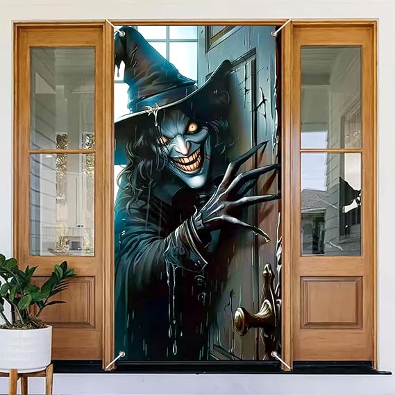 BlissYard Halloween Door Cover 71x35 Inch Creepy Witch Door Banner Spooky Halloween Decoration for Front Haunted House Wall Cover Indoor Outdoor Scary Witch Backdrop Porch Yard Party Decor