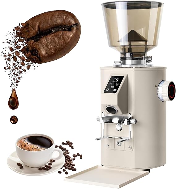 Professional Coffee Grinder,Grinding Flat Burr Coffee Machine,Touchscreen Control, 9 Grind Settings, 64mm Flat Burr, Dual Dosing Modes,High-Efficiency Grinding for Coffee White
