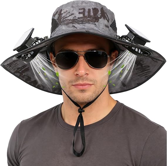 Solar Fan Hat,Solar Powered Fan Hat for Men Women,Wide Brim Sun Hat with 2 Solars Fan,2-in-1 Hands-Free Hats Fans