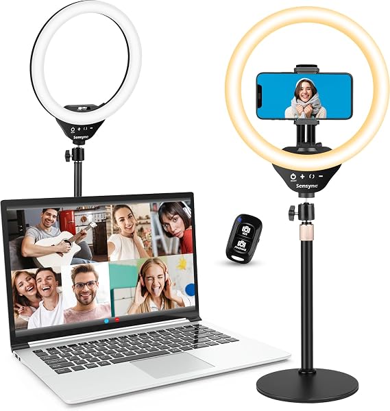 sensyne 10 Desk Ring Light with Stand & Phone Holder for Computer, LED Selfie Ring Light for Phone Photography, Webcam Light for Laptop/Video Conference Lighting/Makeup/Live Streaming, Black