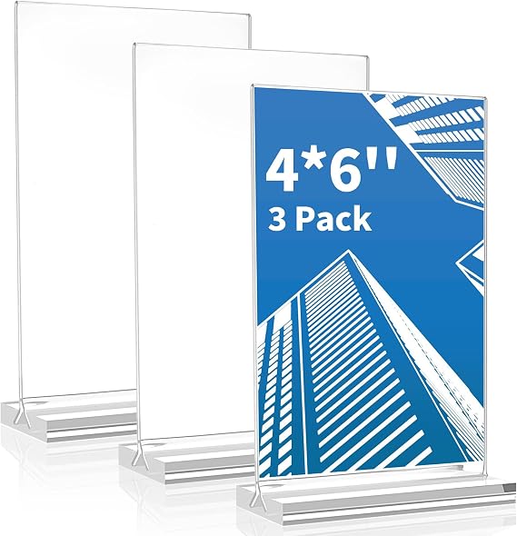 Svalor Acrylic Sign Holder 4x6 Inch,3 Pack Sign Holders Vertical | Clear, Double-Sided Display, Stands Stably, Stand Firmly on Any Flat Surface for Restaurant Menus, Weddings