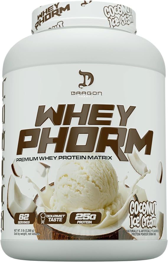 DRAGON PHARMA WheyPhorm, Whey Protein Blend, Fast Absorption, Gluten Free, Premium Whey Protein Matrix, Maximize Recovery, Great Tasting, 25 Grams of Protein (5lb, Coconut Ice Cream)