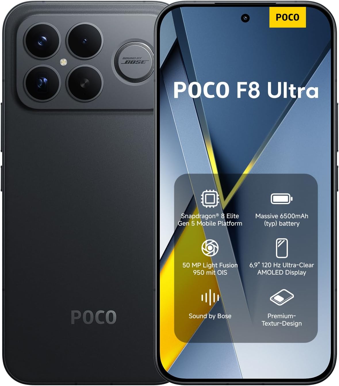 XIAOMI POCO F8 Ultra, Smartphone 16512 GB, 6.9" 120Hz AMOLED Display, 50MP Light Fusion 950 with OIS, Sound by Bose, 6500mAh typ Battery, Black, Charger Not Included