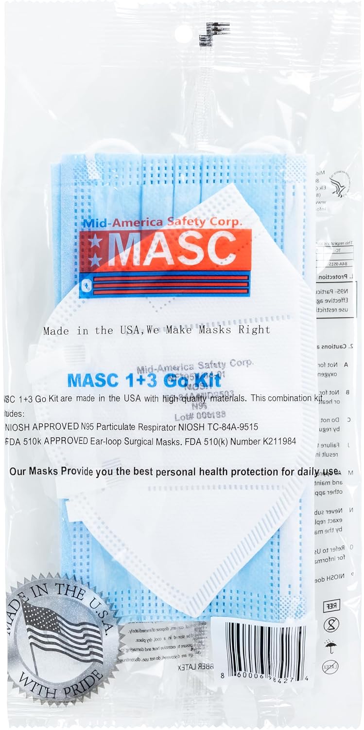 MASC 13 Go Kit, Each kit has 1 white flat fold Face mask  3 Ear-Loop Masks Model No.: NFK31BW-01
