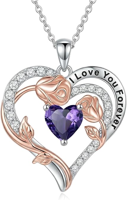 Sterling Silver Birthstone Necklace for Women Dainty Rose Heart Pendant