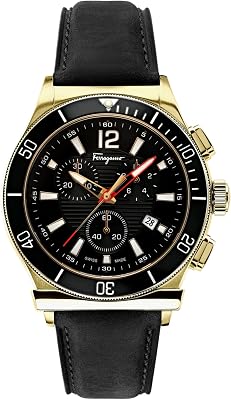 Ferragamo Ferragamo 1898 Sport Chrono Collection Luxury Mens Watch Timepieces with a Black Strap and Dial Featuring a Two Tone Case