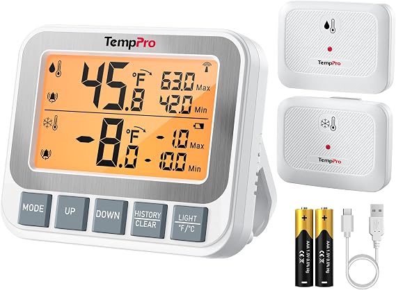 TempPro TP210 Çift Sensörlü, Alarmlı ve 150m Menzilli Derin Dondurucu/Buzdolabı Max-Min Sıcaklık Ölçer Termometre