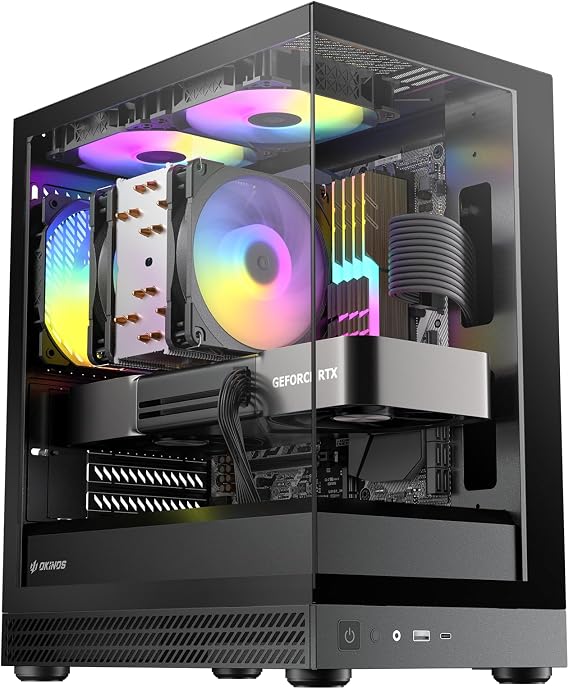Okinos Aqua UNO Micro ATX Case, No Radiator Support, Max GPU Length 309mm, Quick-Release Panoramic Tempered Glass Front & Side, 3x120mm ARGB Fans Pre-Installed, Type-C 5Gbps, Black