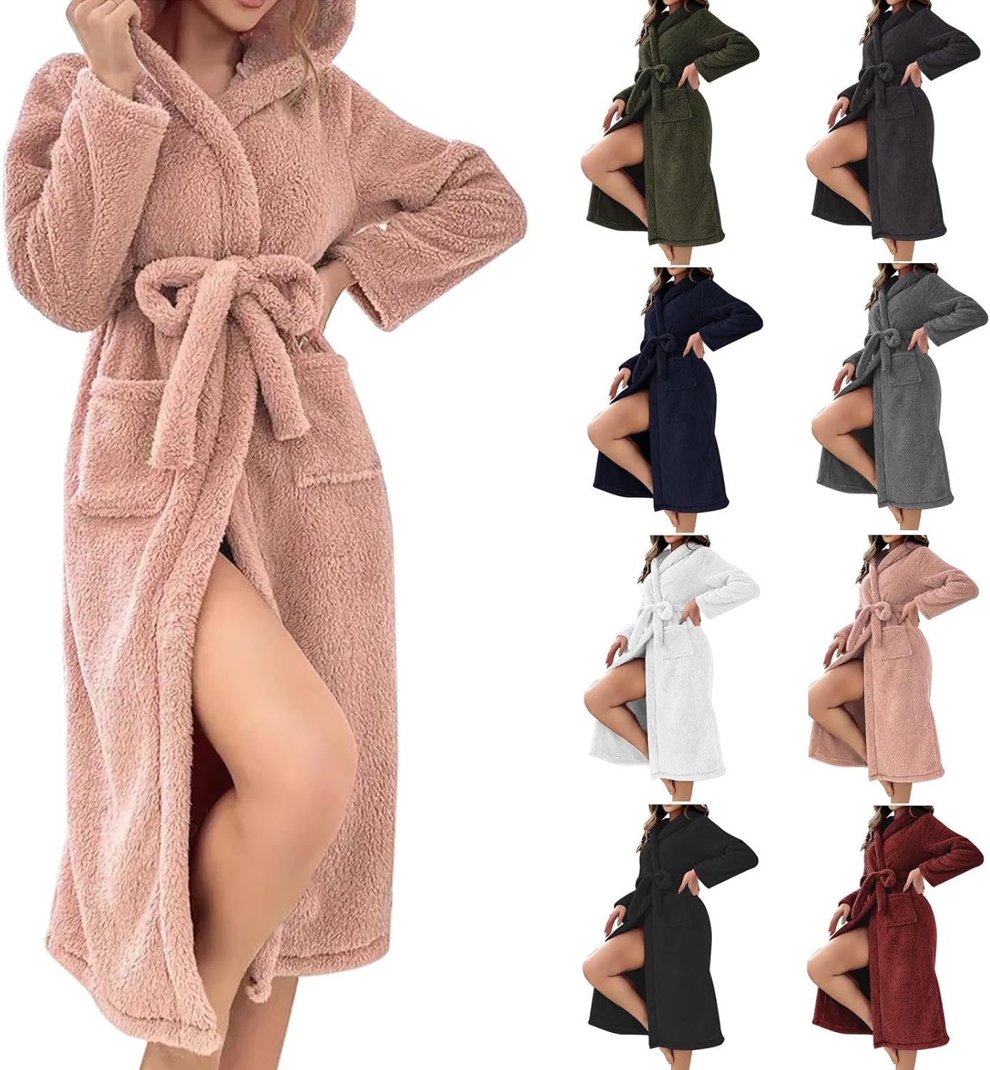 Womens Hooded Fleece Robe,Belted Soft Long Plush Bathrobe with Pockets,Lounge Winter Warm Fuzzy Spa Robes Nightgowns