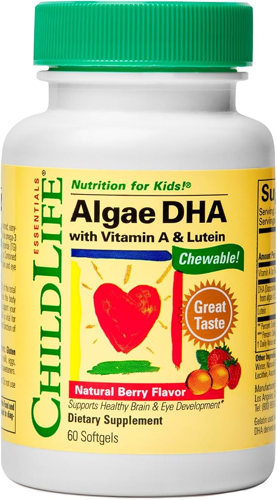 CHILDLIFE ESSENTIALS Algae DHA with Vitamin A & Lutein, Natural Berry, 60 Softgels