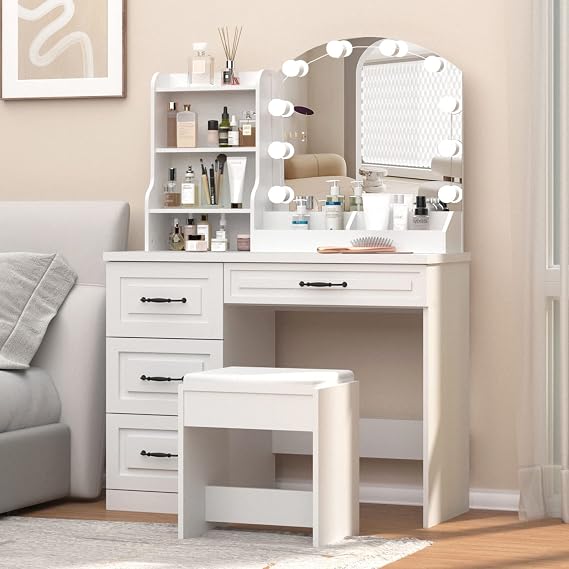 Vabches Vanity Desk with Mirror and Lights,Makeup Vanity Set for Bedroom