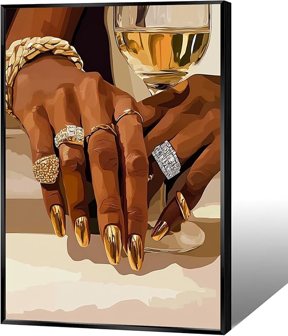 ECUASMR Black Gold African American Woman Wall Art Fashion Black Girl Golden Jewellery Canvas Wall Decor Elegant Black Woman Posters Girl Bedroom Living Room Painting 12X16 in Black Framed