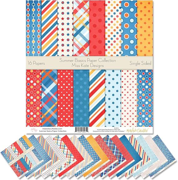 Pattern Paper Pack - Summer Basics - Scrapbook Premium Specialty Paper Single-Sided 12"x12" Collection Includes 16 Sheets - by Miss Kate Cuttables