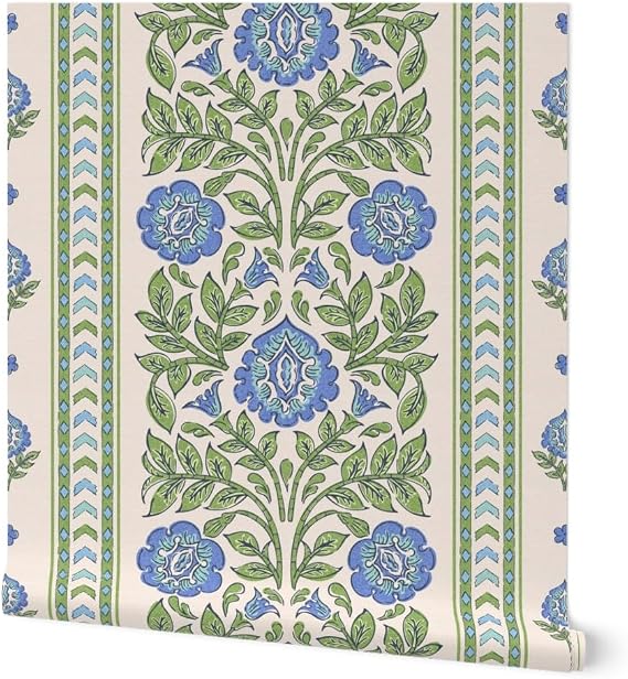 Spoonflower Peel & Stick Wallpaper 12ft x 2ft - Indian Floral Blue Flowers Green Botanical Traditional Large Scale Stamped Stripes Custom Removable Wallpaper