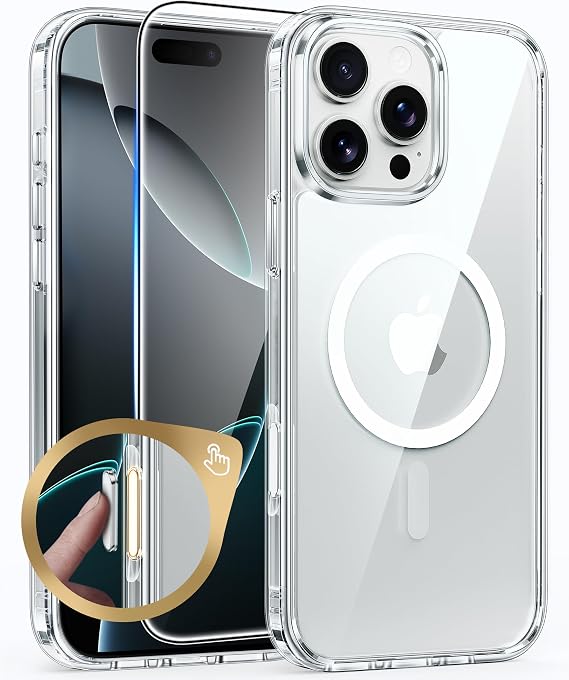 iPhone 16 Pro-Max用FNTCASEケース:磁気ミリタリーグレードの落下保護黄変防止携帯電話カバー-頑丈な耐衝撃保護バンパー透明ケースクリアクリア-T