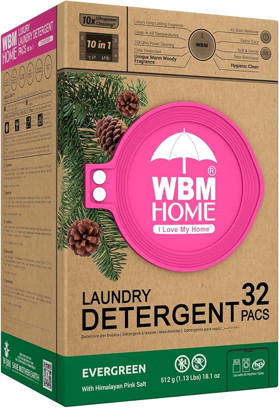 WBM Laundry Detergent Pods - Ultra-Concentrated, Hypoallergenic, Stain-Fighting, Evergreen Scent, 32-Pack, Recyclable Packaging for Eco-Friendly Cleaning