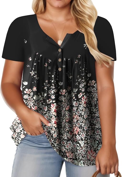 ROSRISS Womens-Plus-Size-Tops-Summer Buttons Up Henley Shirts V Neck Blouses Flowy Pleated Tunics Tee