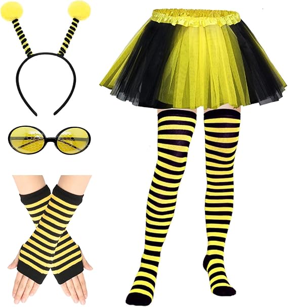 TYXHXTF 7PCS Bumble Bee Costume Set - Adults' Bee Dress with Antenna Headband, Sunglasses, Leg Sleeves and Long Gloves for Party, Cosplay