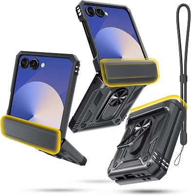 Janmitta Compatible with Samsung Galaxy Z Flip 7 CaseHinge ProtectionRing Kickstand,Heavy Duty Full Body Phone Cover with Wrist Strap Lanyard,2025 Black