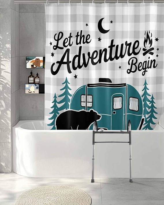 Split Shower Curtains for Bath Sliding Transfer Bench,Black Bear Green Tree CV Adventure Waterproof Bathroom Bathtub Curtain Set with Hooks and 2 Vertical Slits,72x78 Inch,Grey Plaid