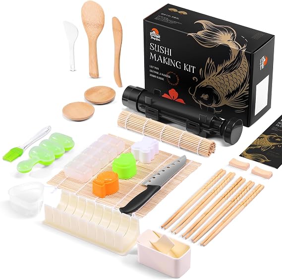 Yang Gien Sushi Making Kit, 27 in 1 Premium Sushi Maker, Suitable for Beginners/Professional Sushi Makers with Sushi Bazooka Roller, Bamboo Sushi Mats, Musubi Presses, Onigiri Mold, Guide Book & More