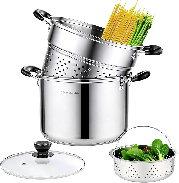 Stainless Steel Pasta Pots with Strainer 4 Piece 10 Quart Pasta Pot Cooker Pot Steamer Stock & Pasta Pot Multi Pot Steamer Set with Lid