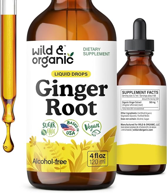Wild & Organic Ginger Root Extract Drops - Immune & Digestive Support - 4oz | Liquid Ginger Supplements - Add to Tea - Natural Ginger Supplements - Vegan, No Sugar & Alcohol-Free Tincture
