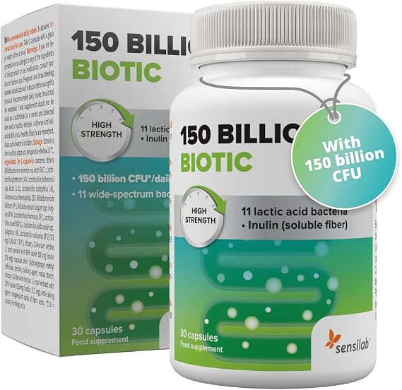 150 Billion Biotic by Sensilab, 30 Capsules | Capsules with 150 billion CFU, Highest Concentration, Bacterial Cultures Supplement with Chicory root, Inulin