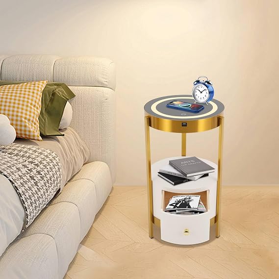 Dimmable Smart Led Nightstand with White Drawers,Sofa Round End Table with USB & AC Port Wireless Charging Station,Bedside Table/Side Table for Bedroom/Living Room/Coffee Table