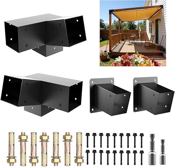 30 Degree Pergola Bracket & Wall Mount Base Kits 4x4,3-Way Angled Bracket with Post Anchor for (Actual: 3.5" x3.5'') Wood Post to Beam,Slant Roof Bracket for Pavilions,Pochs,Log Cabins(4Pcs)